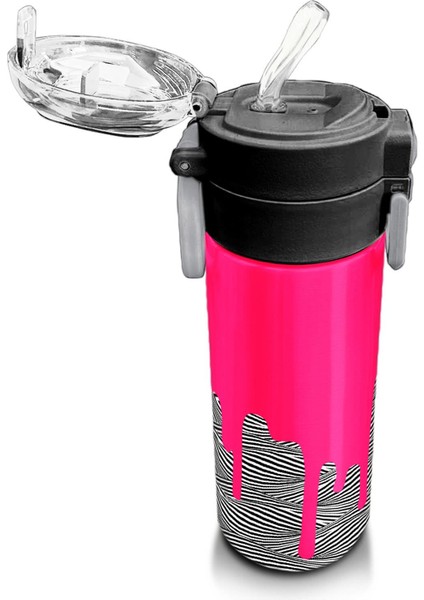 Kids Pembe Siyah Beyazdesenli Pipetli ve Direkt Içim Çelik Termos 500 ml 31878 indirimleri