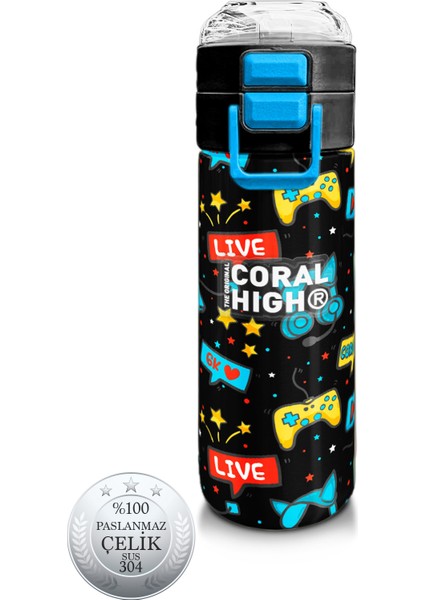 Kids Siyah Mavi Gamer Desenli Pipetli ve Direkt Içim Çelik Termos 500 ml 31984