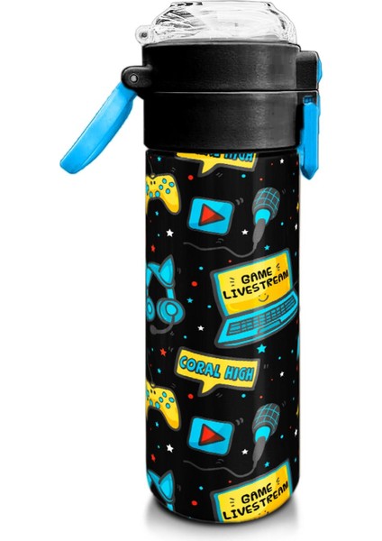 Kids Siyah Mavi Gamer Desenli Pipetli ve Direkt Içim Çelik Termos 500 ml 31984 fiyatları