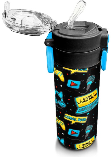 Kids Siyah Mavi Gamer Desenli Pipetli ve Direkt Içim Çelik Termos 500 ml 31984 indirimleri
