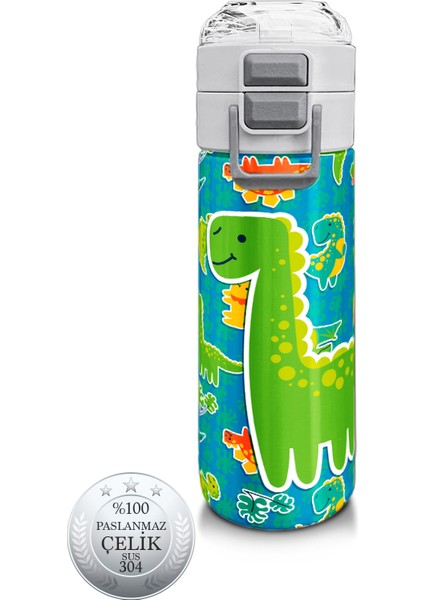 Kids Mavi Yeşil Dinozor Desenli Pipetli ve Direkt Içim Çelik Termos 500 ml 31798