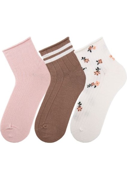 Kadın Çiçekli Pembe 3lü Lastiksiz Soket Çorap ONL-02672