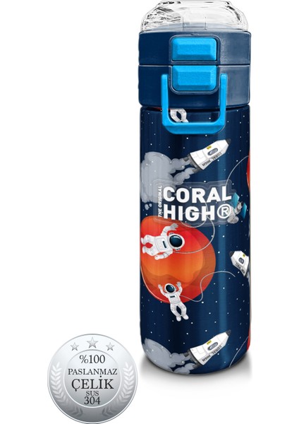 Kids Lacivert Mavi Astronot Desenli Pipetli ve Direkt Içim Çelik Termos 500 ml 31999