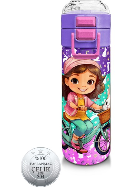 Kids Mor Pembe Bisikletli Kız Desenli Pipetli ve Direkt Içim Çelik Termos 500 ml 31797