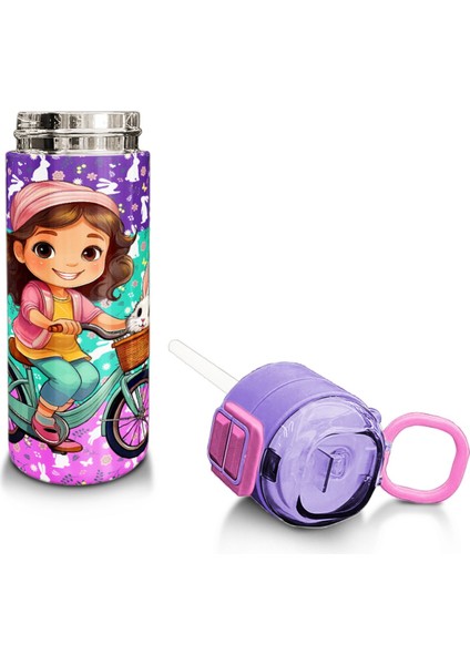 Kids Mor Pembe Bisikletli Kız Desenli Pipetli ve Direkt Içim Çelik Termos 500 ml 31797 fırsatları
