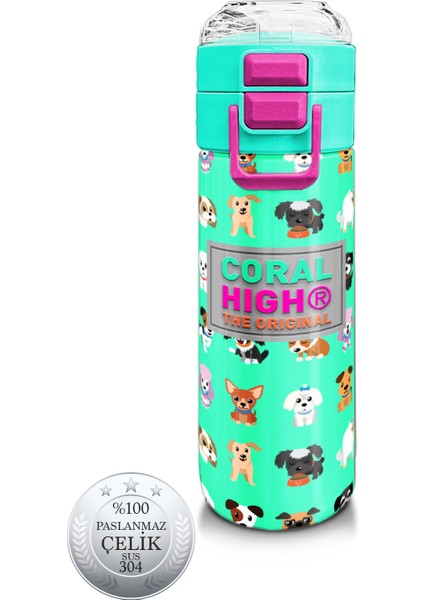 Kids Su Yeşili Neon Pembe Köpek Desenli Pipetli ve Direkt Içim Çelik Termos 500 ml 31913