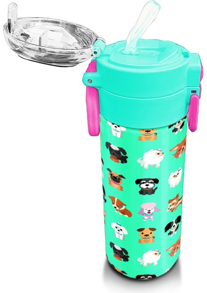Kids Su Yeşili Neon Pembe Köpek Desenli Pipetli ve Direkt Içim Çelik Termos 500 ml 31913 indirimleri