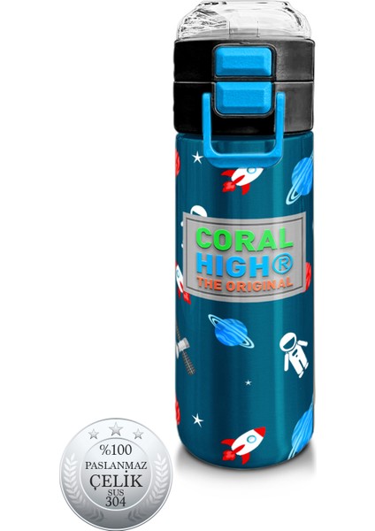 Kids Çivit Kırmızı Uzay Desenli Pipetli ve Direkt Içim Çelik Termos 500 ml 31908