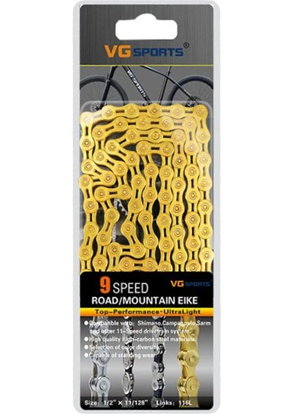 Dağ Yol Bisiklet Zinciri 9-18-27 Hızlı Bisiklet Zinciri, Altın Bisiklet Zinciri Çelik 116 Bağlantılı Yarı Boş Zincirler 9 Hızlı Bisiklet Zinciri Değişken Hızlı Mtb Dağ Yol Bisiklet Zinciri