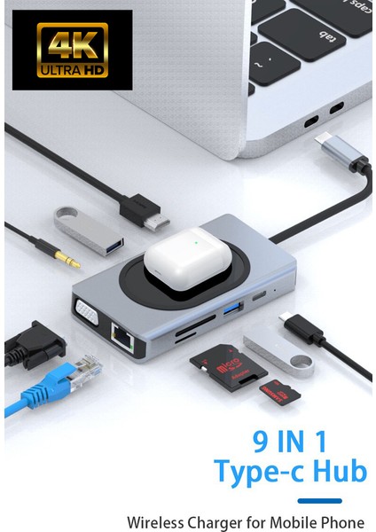 WW-9 Macbook Uyumlu Type-C To USB 3.0 4K HDMI Ethernet RJ45 VGA Sd Tf Kart Pd Aux 9 Port Çevirici Hub Adaptör