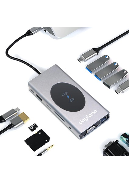 WW-9 Macbook Uyumlu Type-C To USB 3.0 4K HDMI Ethernet RJ45 VGA Sd Tf Kart Pd Aux 9 Port Çevirici Hub Adaptör