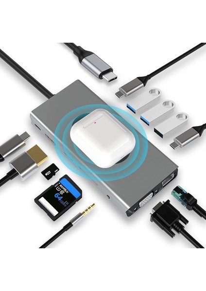 WW-9 Macbook Uyumlu Type-C To USB 3.0 4K HDMI Ethernet RJ45 VGA Sd Tf Kart Pd Aux 9 Port Çevirici Hub Adaptör