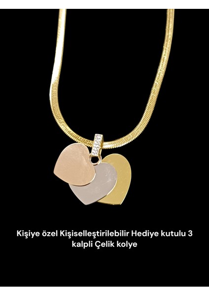 Kişiye Özel Kişiselleştirilebilir Taş detaylı Hediye Kutulu 3'lü Kalp Model Paslanmaz Çelik Kolye