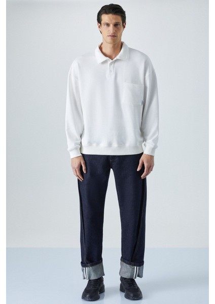 Sımplyfy Erkek Polo Yaka Uzun Kollu Oversize Düğmeli Beyaz Sweatshirt