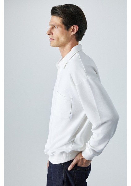 Sımplyfy Erkek Polo Yaka Uzun Kollu Oversize Düğmeli Beyaz Sweatshirt fiyatları