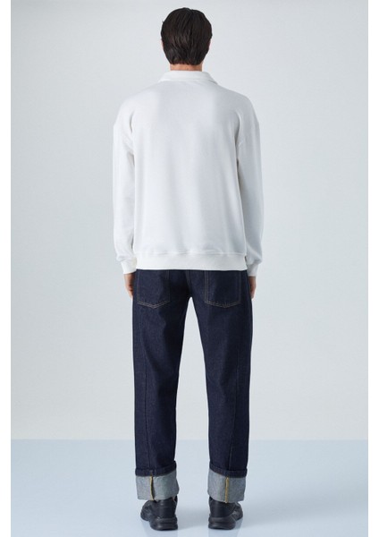 Sımplyfy Erkek Polo Yaka Uzun Kollu Oversize Düğmeli Beyaz Sweatshirt fırsatları