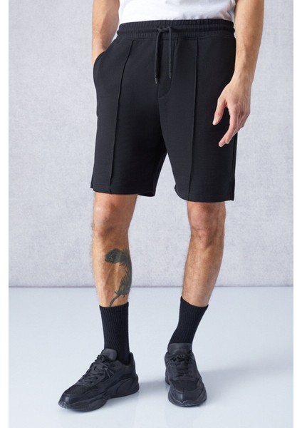 CERTAIN Erkek Nervür Detaylı Comfort Fit Siyah Şort & Bermuda