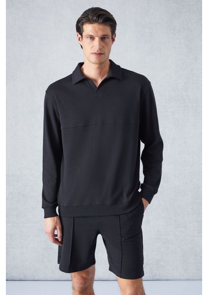 Bugattı Erkek Polo Yakalı Uzun Kollu Relaxed Fit Siyah T-Shirt