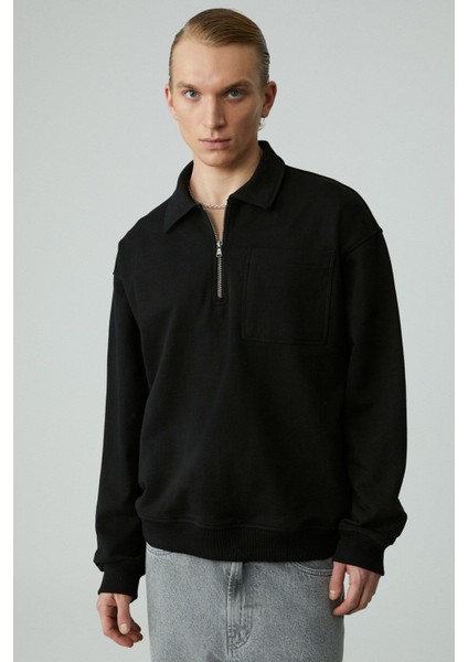 Shıftd Erkek Bisiklet Yaka Uzun Kollu Fermuarlı Siyah Sweatshirt