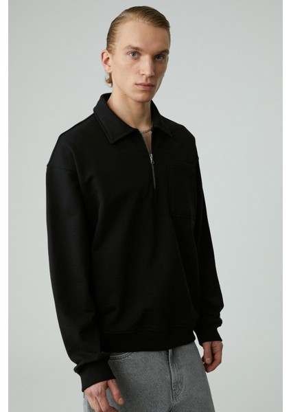Shıftd Erkek Bisiklet Yaka Uzun Kollu Fermuarlı Siyah Sweatshirt