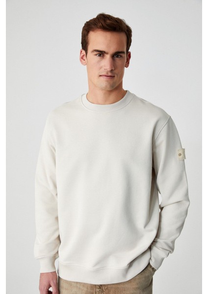 OLLIE Erkek Bisiklet Yaka Regular Uzun Kollu Nakış Detaylı Bej Sweatshirt