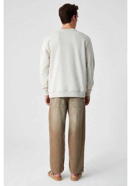 OLLIE Erkek Bisiklet Yaka Regular Uzun Kollu Nakış Detaylı Bej Sweatshirt