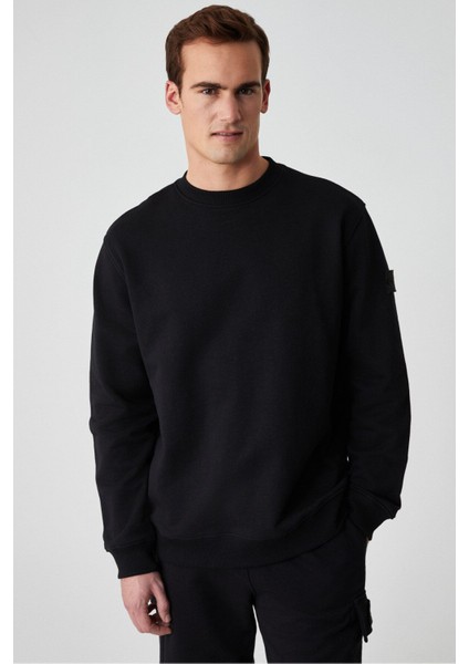 OLLIE Erkek Bisiklet Yaka Regular Uzun Kollu Nakış Detaylı Siyah Sweatshirt fırsatları