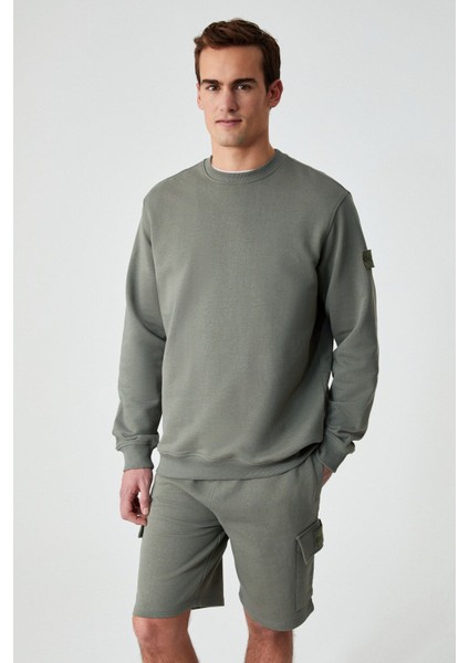 OLLIE Erkek Bisiklet Yaka Regular Uzun Kollu Nakış Detaylı Haki Sweatshirt