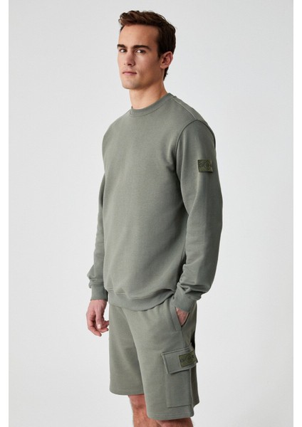 OLLIE Erkek Bisiklet Yaka Regular Uzun Kollu Nakış Detaylı Haki Sweatshirt modelleri