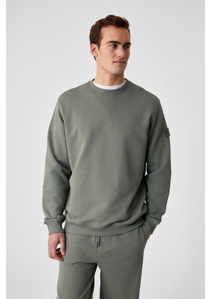 OLLIE Erkek Bisiklet Yaka Regular Uzun Kollu Nakış Detaylı Haki Sweatshirt