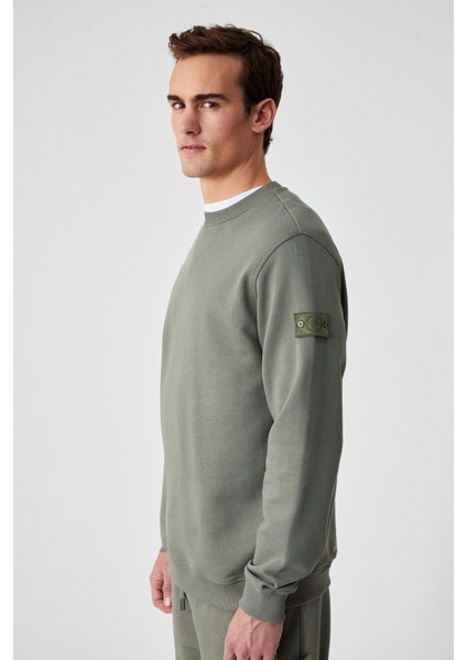 OLLIE Erkek Bisiklet Yaka Regular Uzun Kollu Nakış Detaylı Haki Sweatshirt