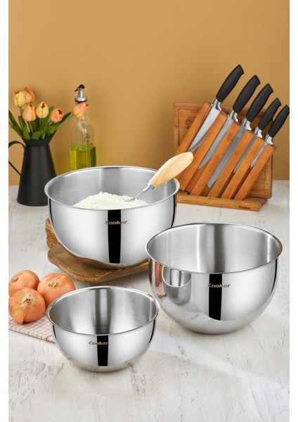 3'lü Paslanmaz Çelik Karıştırma Kabı Seti – 24 cm (3.5 L), 26 cm (7 L), 28 cm (8 L)