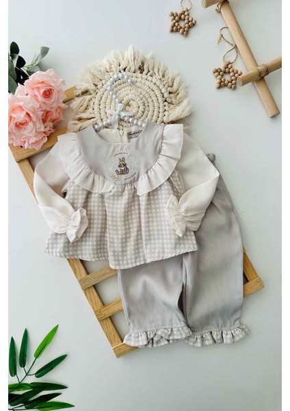 Tavşan Işleme Detaylı Fırfırlı Kız Bebe 2 li takım - Gri