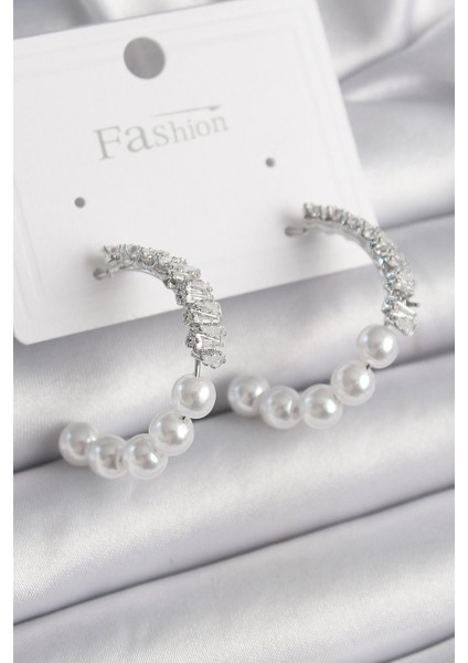 Pirinç Gümüş Renk Zirkon Taşlı Incili Halka Küpe