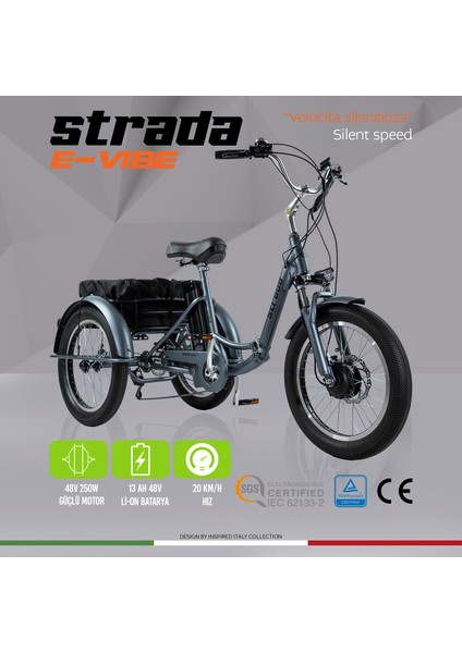 Strada Cycles E-Vibe Hidrolik Disk 20 Jant Üç Tekerlekli Elektrikli Bisiklet