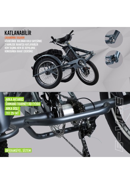 Strada Cycles E-Vibe Hidrolik Disk 20 Jant Üç Tekerlekli Elektrikli Bisiklet