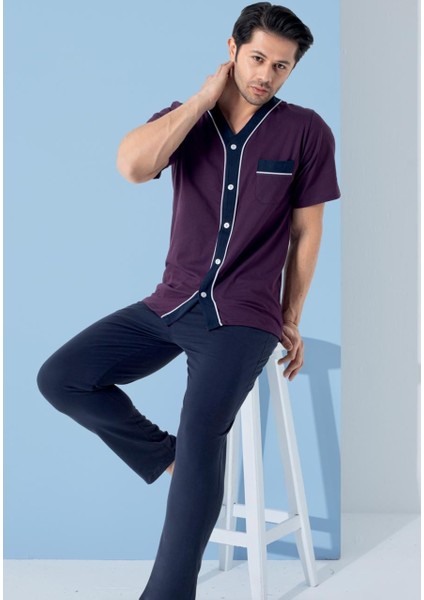 Erkek V Yaka Desenli Göğüs Cepli Kısa Kol Pijama Takımı-Pamuklu Önden Düğmeli Hastane Pijaması