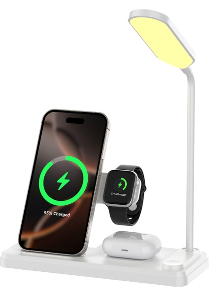 Bxmw8 3’ü 1 Arada Akıllı Telefon, Akıllı Saat ve Tws Kulaklıklar Için Manyetik 15W Kablosuz LED Lambalı Şarj Standı iPhone Airpods ve Apple Watch Uyumlu