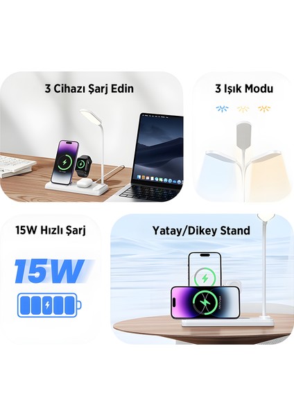 Bxmw8 3’ü 1 Arada Akıllı Telefon, Akıllı Saat ve Tws Kulaklıklar Için Manyetik 15W Kablosuz LED Lambalı Şarj Standı iPhone Airpods ve Apple Watch Uyumlu modelleri