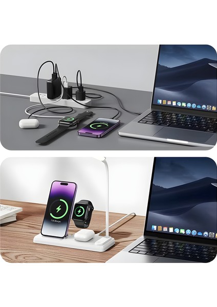 Bxmw8 3’ü 1 Arada Akıllı Telefon, Akıllı Saat ve Tws Kulaklıklar Için Manyetik 15W Kablosuz LED Lambalı Şarj Standı iPhone Airpods ve Apple Watch Uyumlu indirimleri