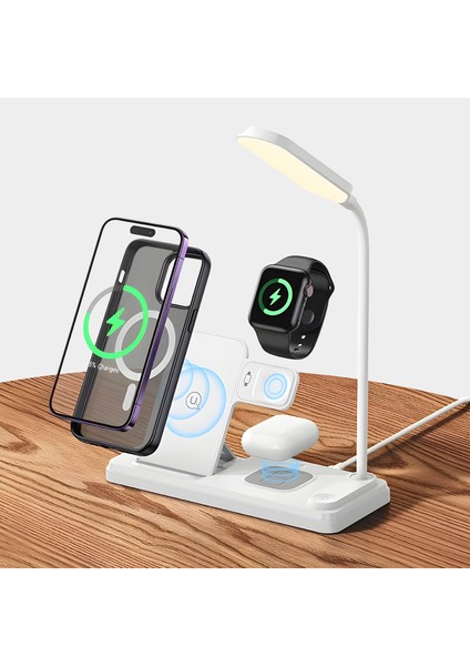 Bxmw8 3’ü 1 Arada Akıllı Telefon, Akıllı Saat ve Tws Kulaklıklar Için Manyetik 15W Kablosuz LED Lambalı Şarj Standı iPhone Airpods ve Apple Watch Uyumlu