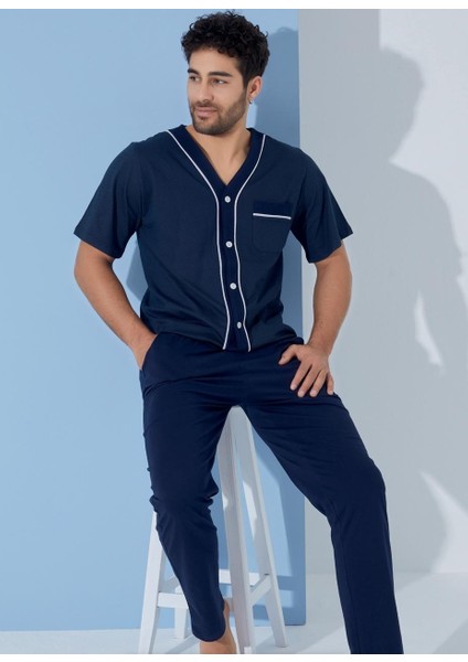 Erkek V Yaka Desenli Göğüs Cepli Kısa Kol Pijama Takımı-Pamuklu Önden Düğmeli Hastane Pijaması