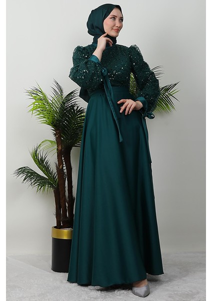 Pul Payet Detay Saten Abiye Zümrüt modelleri