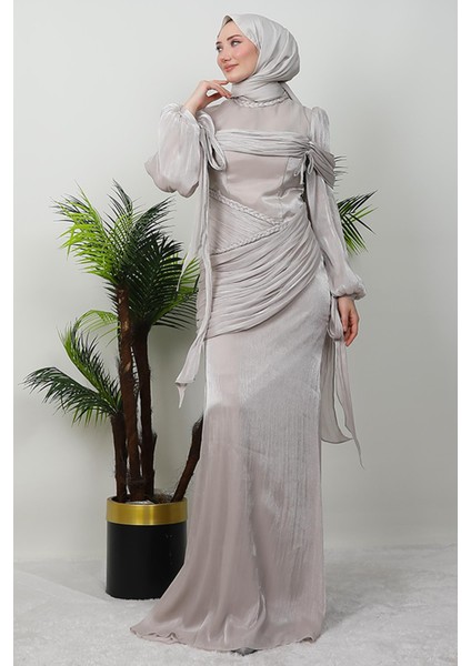 Örgü Detay Abiye Bej