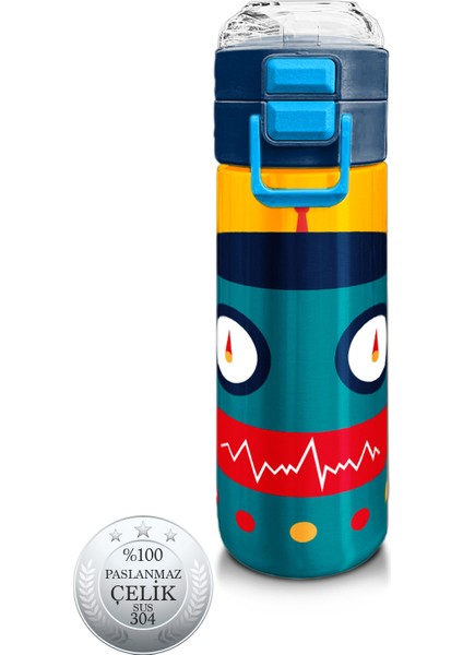 Kids Lacivert Çivit Robot Desenli Pipetli ve Direkt Içim Çelik Termos 500 ml 31918