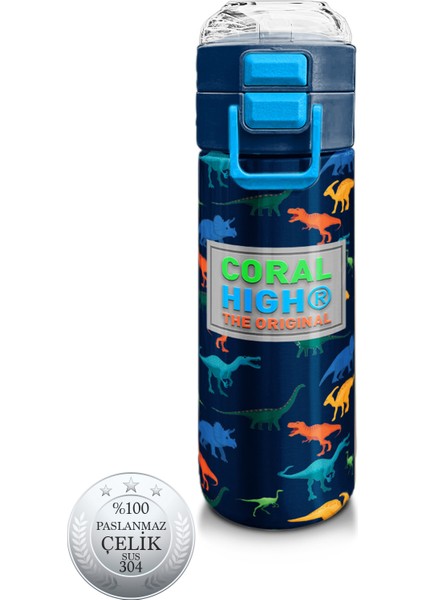 Kids Lacivert Mavi Dinozor Desenli Pipetli ve Direkt Içim Çelik Termos 500 ml 31907
