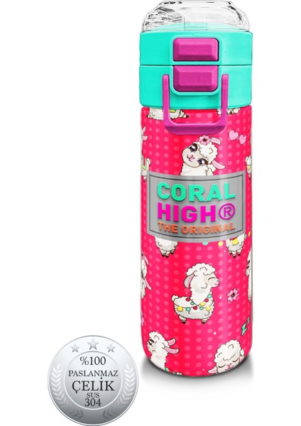 Kids Neon Mercan Suyeşili Alpaka Desenli Pipetli ve Direkt Içim Çelik Termos 500 ml 31914