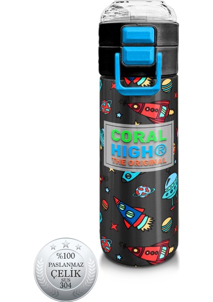 Kids Koyu Gri Kırmızı Uzay Desenli Pipetli ve Direkt Içim Çelik Termos 500 ml 31916