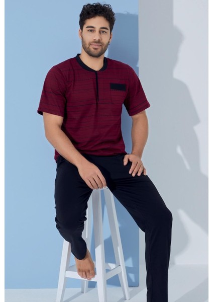 Erkek Bisiklet Yaka 3 Düğmeli Desenli Modal Kısa Kol Cepli Pijama Takımı