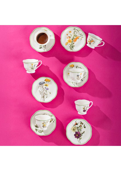 Secret Garden Çiçek Desenli Fincan Takımı Porselen Türk Kahvesi 6 Kişilik 12 Parça